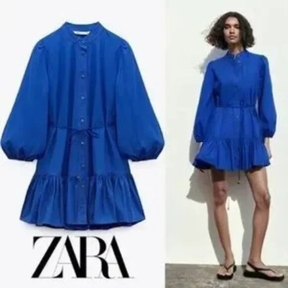 Zara Dresses & Skirts - Zara Ruffle Hem Belted Boho Mini Shirt Dress In Cobalt Blue Size M EUC